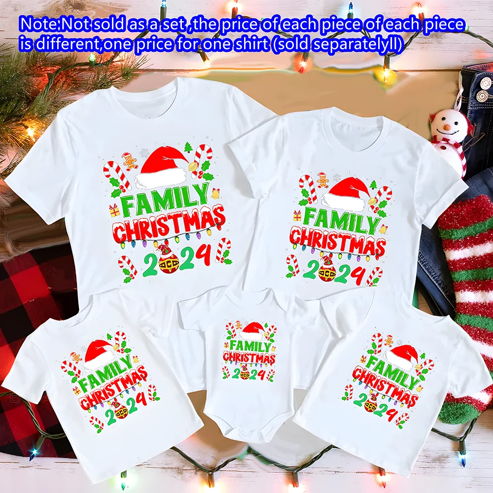 thumbnail image 1 of Conjunto familiar informal de vacaciones navideñas, gorro navideño y familia, 2024, trajes familiares a juego, ropa de manga corta para fiesta navideña, 1 of 5