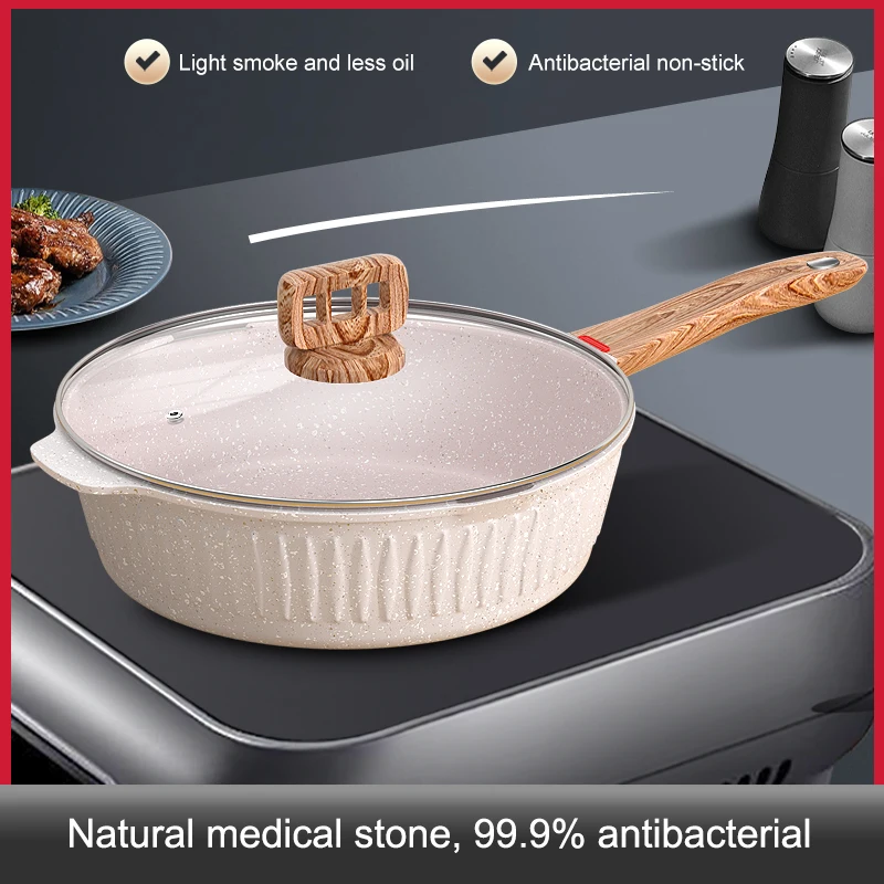 

28CM 30CM Non Stick Maifan Stone Frying Pan Light Smoke Less Oil with Lid Household Wok Non Stick Cookware For Kitchen