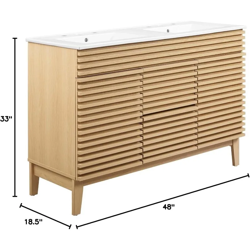 Oak White 48" Double Bathroom Vanity Mid-Century Bathroom Vanity Quality Construction Bathroom Storage Ceramic Double Sink 6