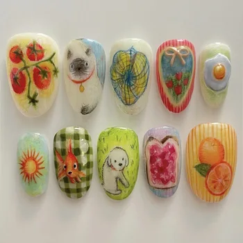 24pcs Cute Pastoral Oil Painting Press On Nails 3D Hand Drawn Animal Fruit Toast False Nail Short Almond Fake Nail for Women 1