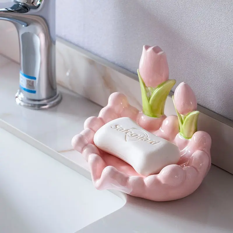 

Home Creative Cute Flowers Ceramic Soap Dispenser No Punching Household Soap Drainage Sink Shelf Bathroom Organizer Accessories