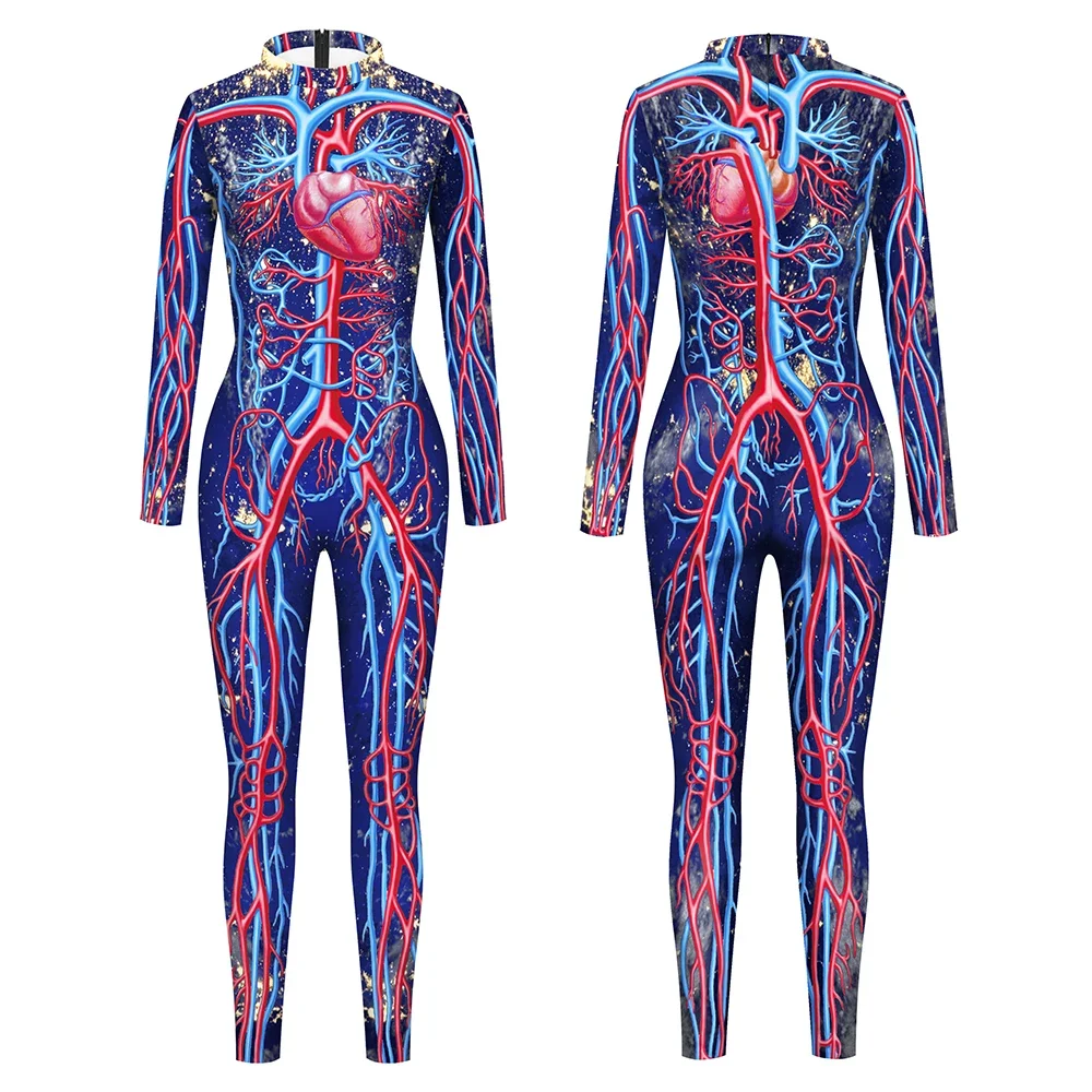 Human Cardiac Vascular Jumpsuit Carnival Party Bodysuit Funny Catsuit Long Sleeve Jumpsuit Human Anatomy Pattern Cosplay Costume