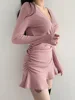 Black Knitted Ribbed Midi Dresses For Women V Neck Elegant Korean Clothes Long Sleeve Ruffles Bodycon Dresses Autumn 5