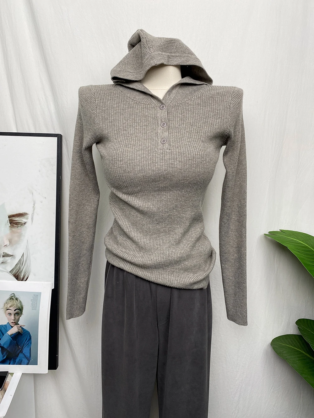

Solid Hooded Knitted Women Sweater Pullovers Autumn V-Neck Long-Sleeved Elastic Elegant Female Pulls Outwear Coats Tops