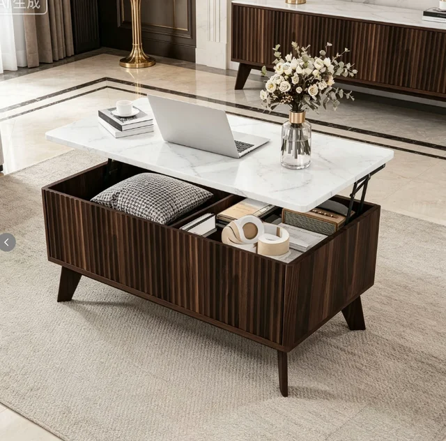 Table basse moderne avec plateau relevable et rangement, plateau effet marbre et finition chêne clair, table centrale de salon à hauteur réglable, 105 cm 1