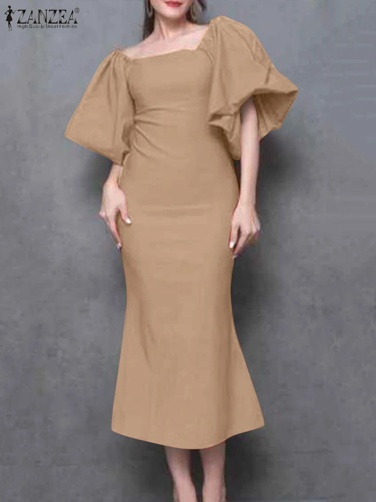 

Women Fashion Solid Mid-calf Dress ZANZEA 2024 Robe Femme Work Holiday Vestido Elegant Square Neck Puff Sleeve Party Sundress