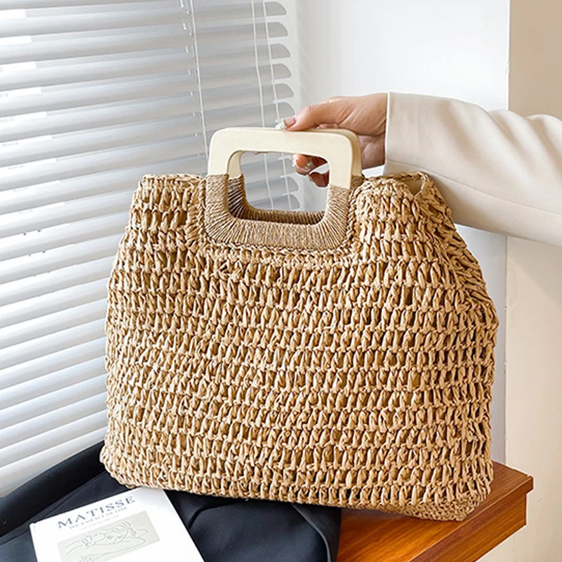 Summer Woven Straw Handbag Female Wooden Handle Bag Large Capacity