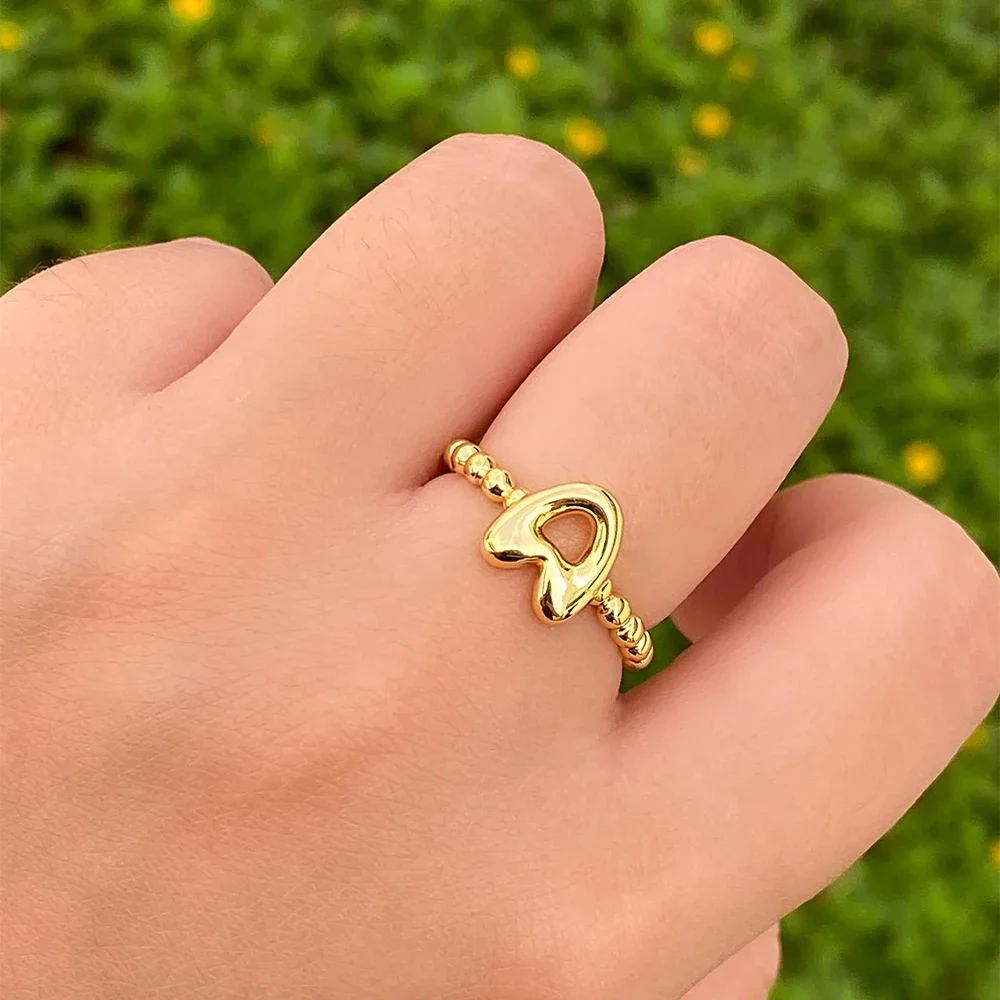 Classics Creative Opening Circle Alphabet Initial Knuckle Ring Stainless Steel Gold Color Letter A-Z Polished Metal Rings Party