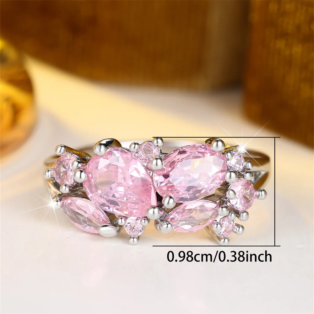 Pink Crystal Zircon Water Drop Stone Rings For Women Vintage Silver Color Engagement Ring Wedding Jewelry Bridal Versatile Gifts