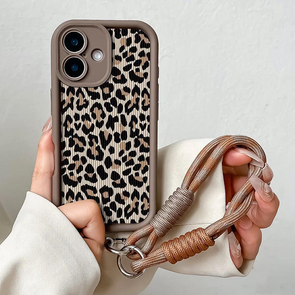 Stylish Leopard Pattern Lanyard Phone Case with Wrist Strap and Shockproof Soft TPU Back Cover