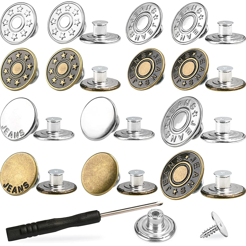

10pcs Jeans Button Replacement 20mm 17mm Instant No Sew Metal Buttons for Pants with Repair Combo Thread Rivets and Screwdrivers