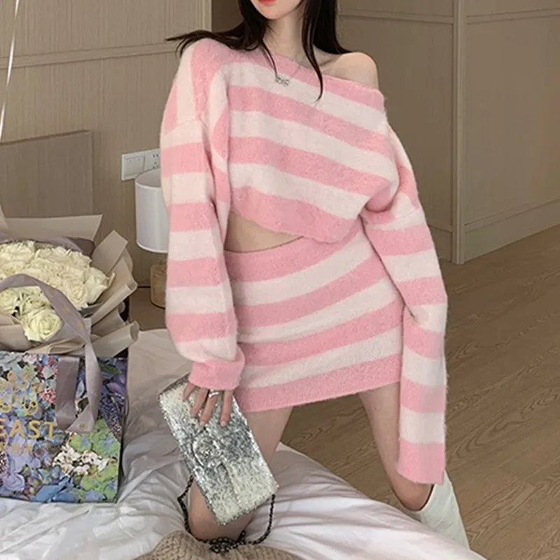 Autumn Striped Two-piece Skirt Set Women Long Sleeve Cropped Off Shoulder Top Bodycon Mini Skirt Korean Fashion Suits New