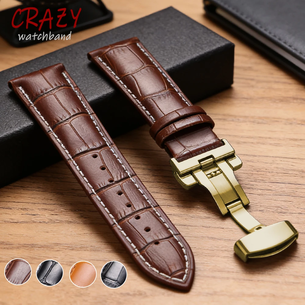 Elegant Genuine Leather Men's Watch Strap with Metal Butterfly Buckle