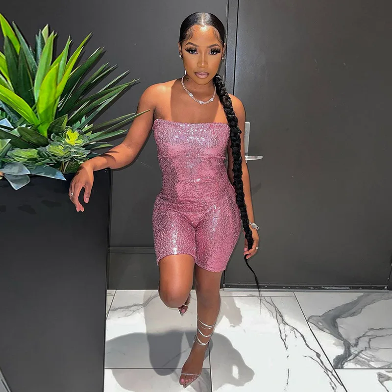 BKLD One Pieces Clothes For Women 2023 Spring And Summer New Solid Color Sequin Chest Wrapped Sleeveless Bodycon Shorts Playsuit