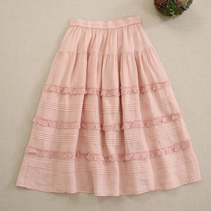Summer Sweet Mori Girl Japanese Style Solid Color Folds Cake Skirts Women Elastic Waist Casual Ramie Skirt