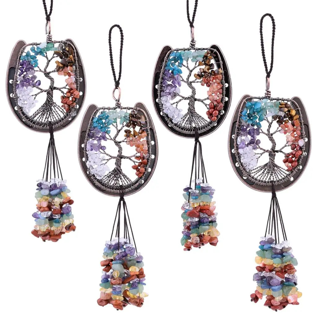 Natural Crystal Horseshoe Tree of Life Hanging Ornament For Car Rear View Mirror Crystal Wall Hanger for Window Home Decoration