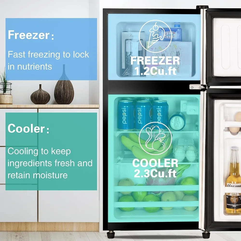 Compact Refrigerator 3.5 Cu Ft 2 Door Mini Fridge with Freezer for Apartment, Dorm, Office, Family, Basement, Garage