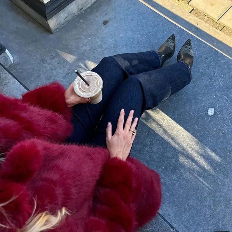 Luxury Women's Red Faux Fur Long Overcoat Fleece Thick Warm Full Sleeve Lapel Cardigan Coat Winter Fashion Loose Outerwear
