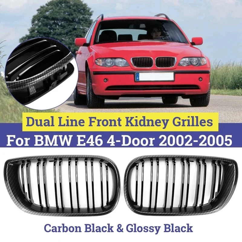 

1Pair Car Carbon Gloss Black Dual Line Front Kidney Grilles For BMW E46 4 Door 3 Series 2002-2005 Car Accessories