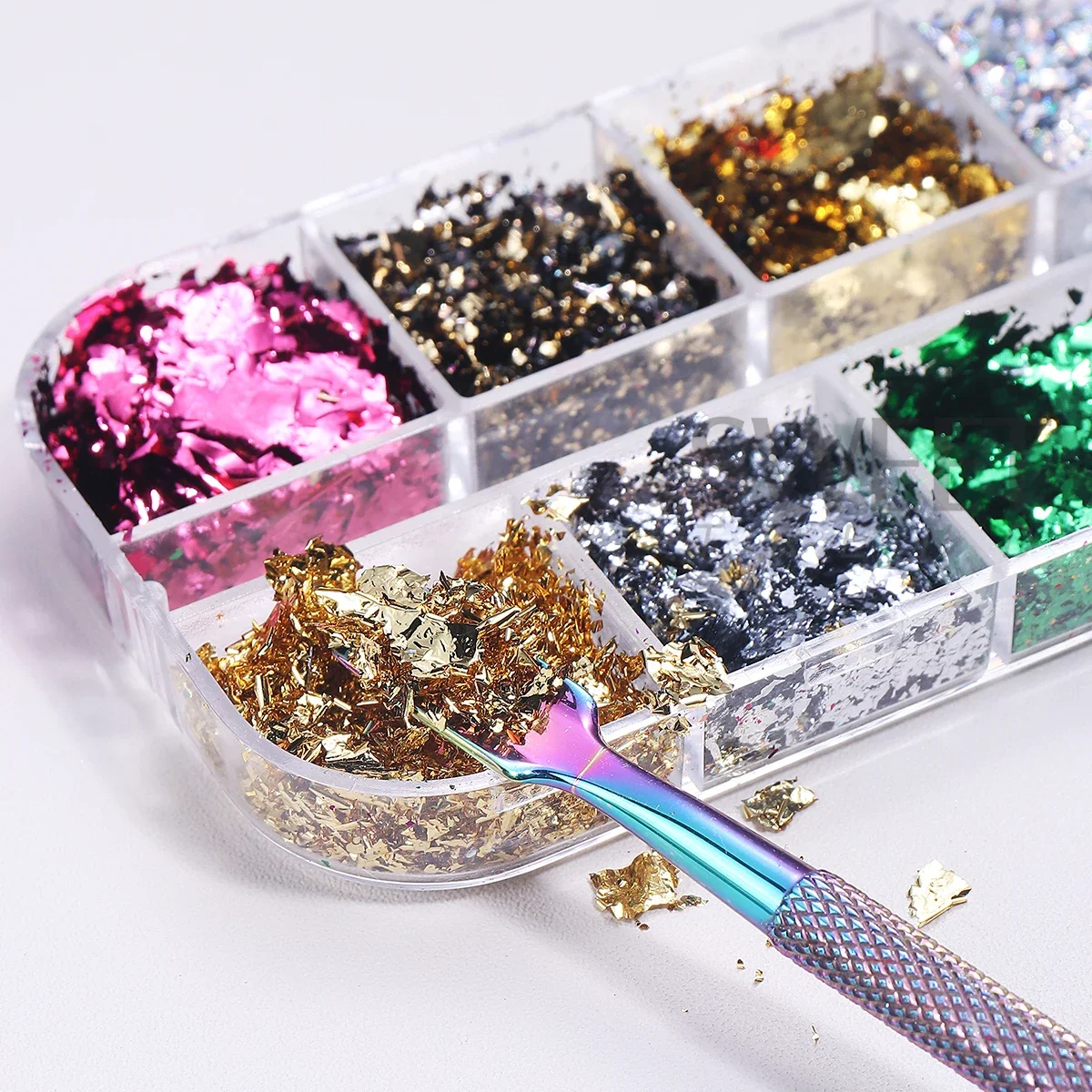 12 Grids Double Color Gold Foils Gorgeous Nail Glitter Sparkles Irregular Random Aluminum Flake Paillette Chip Design Decoration