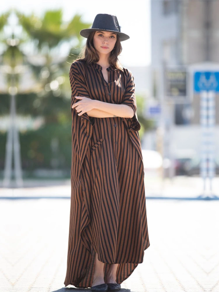 Beach Cover Swimsuit Cover Beach Dress Casual Bikini Cover-ups Blue Tunic Striped Front Open Summer Beach Dress