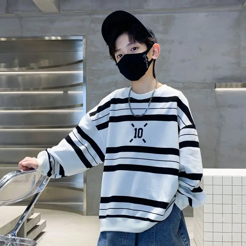 Kids Sweater Hoodie Sweatshirts Spring Autumn Boys Cotton Loose Contrast Striped School Track Pullover Tops 5-16 Years
