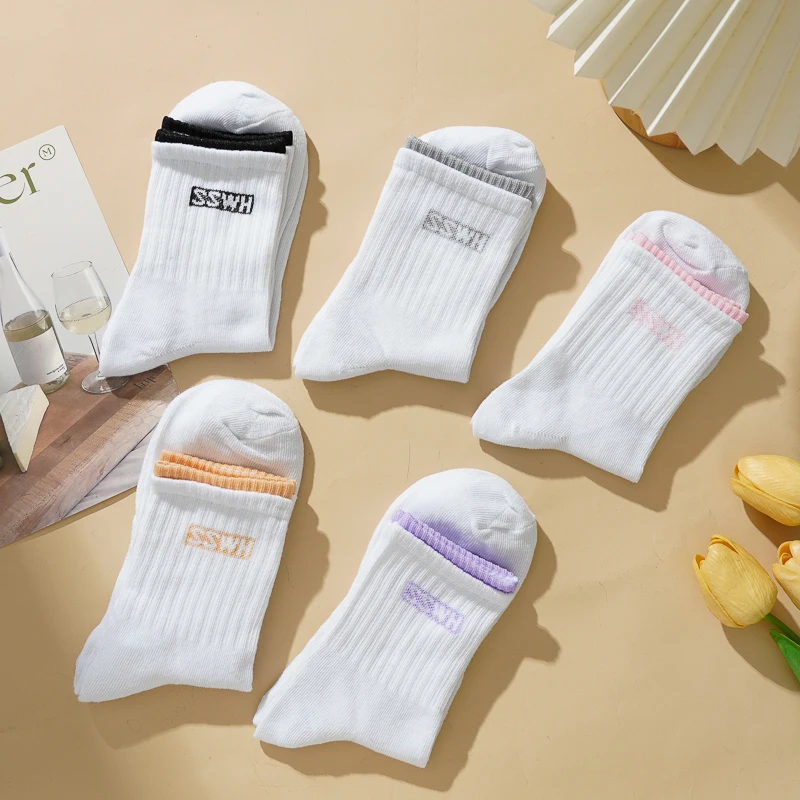 5 Pairs Women's Middle Tube Socks Cotton Blends Striped Breathable Solid Color Casual Sock White Double Cuffs Letter Sock