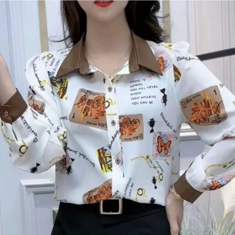 2024 New Summer Oversized High Waist Elegant Fashion Loose Office Lady Women's Shirt Splicing Color Block V Neck LongSleeve tops