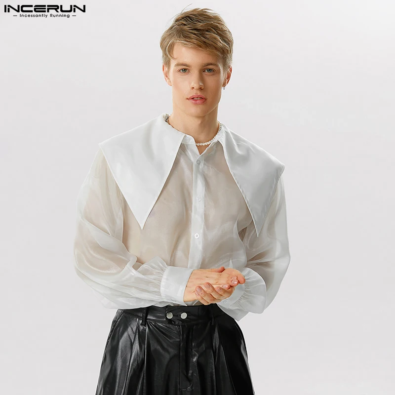 

Party Shows Style Tops INCERUN Men's See-through Organza Thin Shirts Casual Fashion Male Long Sleeved Large Lapel Blouse S-5XL