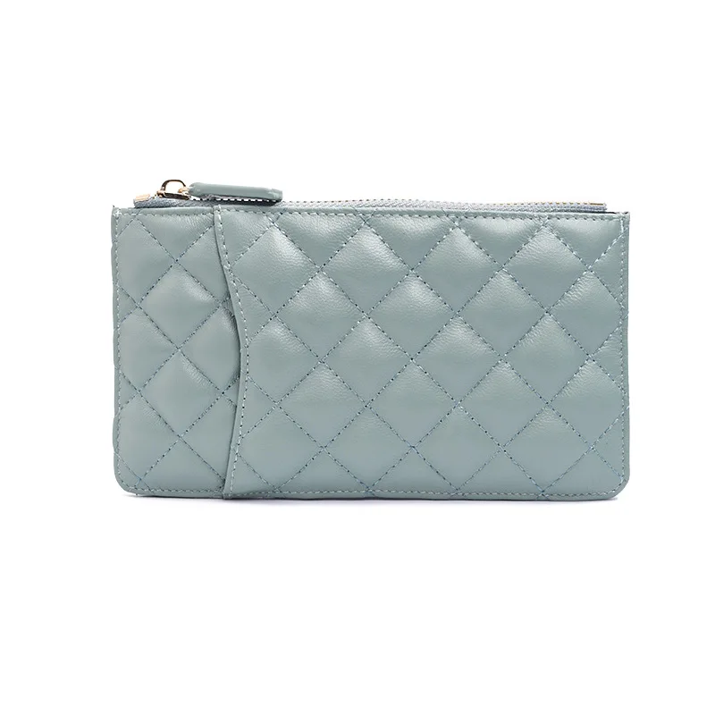 

Sheep skin women card holder leather zipper wallet plaid purse