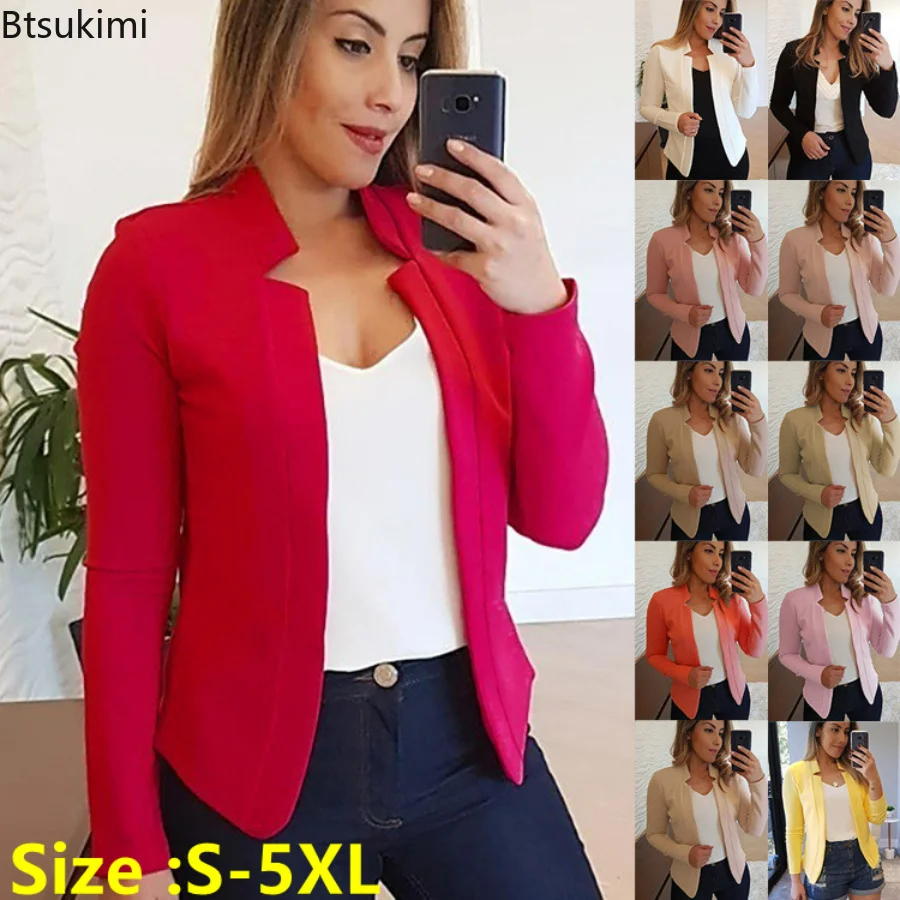 Женский Повседневный Блейзер, однотонный Тонкий Блейзер большого размера с длинным рукавом, женские пиджаки с открытым стежком, облегающие офисные пальто, куртки, топы, 2023