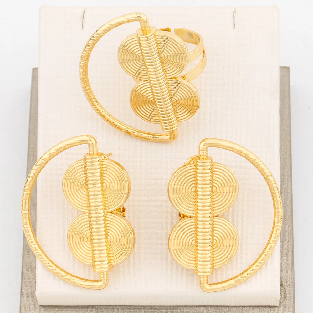 4Sets Jewelry Sets Fashion 18k Dubai Gold Color Copper Earrings For Women Adjustable Ring Trendy Party Gift Jewelry Accessories