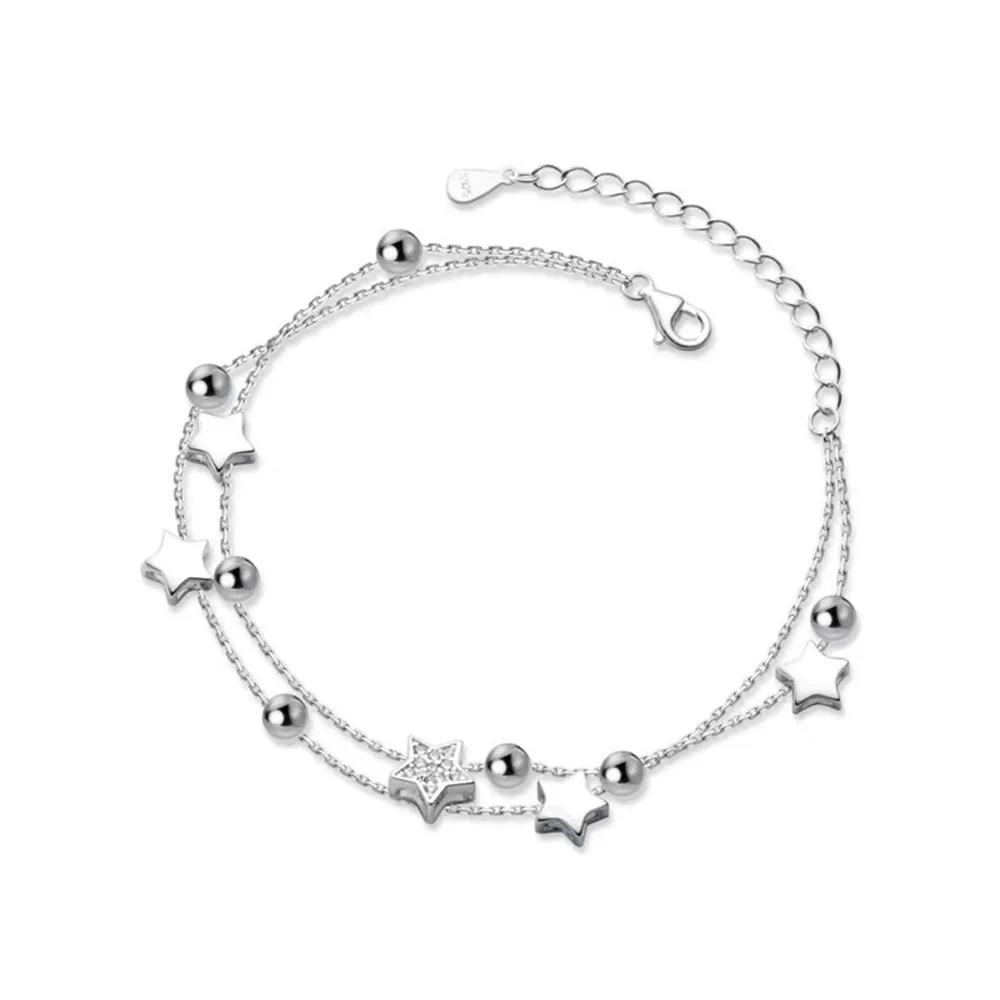 Stars Bracelet 925 Stamp Silver Color Star Bracelet Fashion Korean Five-pointed Stars Crystal Double Bracelet