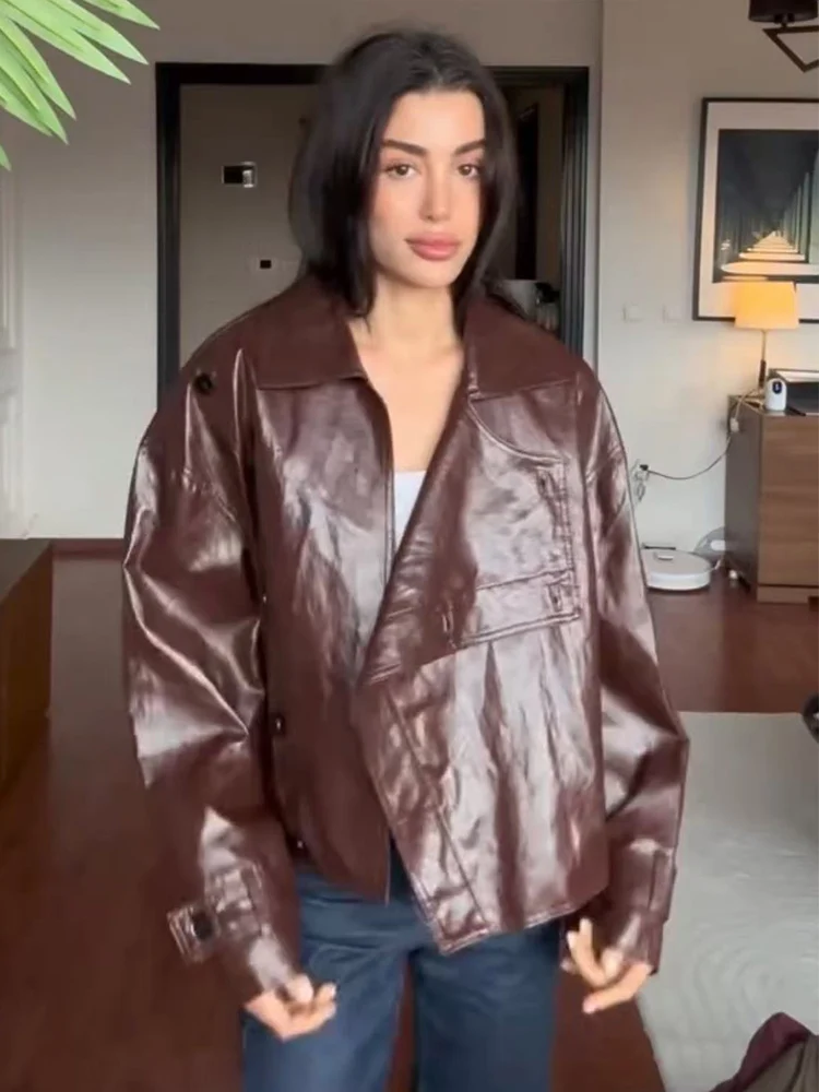 Autumn Women Faux Leather PU Jacket Casual Solid Long Sleeve Button Up Leather Coats New Fashion Female Loose Streetwear