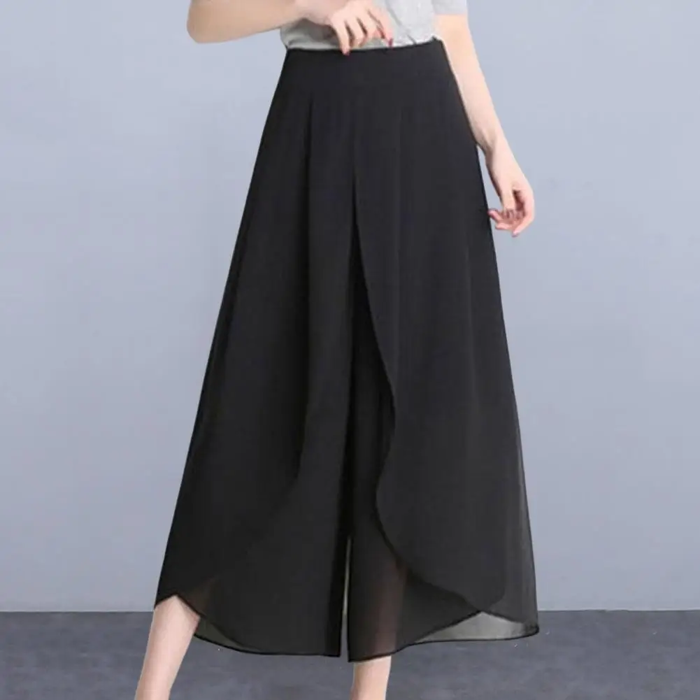 

Женские брюки с эластичным поясом, шикарная женская шифоновая юбка-брюки, стильные двухслойные брюки с широкими штанинами и высокой талией для весны и лета