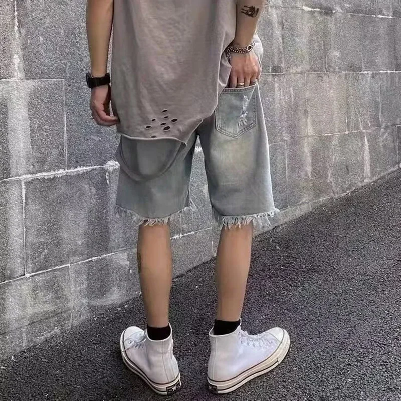 Men Vintage Hollow Out Ripped Design Straight Jean Short Pant For Men Streetwear Trend Spring Summer Fashion Denim Shorts