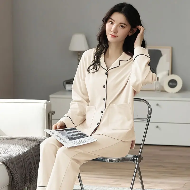 100% Cotton Girls Pajamas Set Women's Spring Autumn Long Sleeve Sleepwear Suit Cardigan Large Size Loose Casual Outside Wear