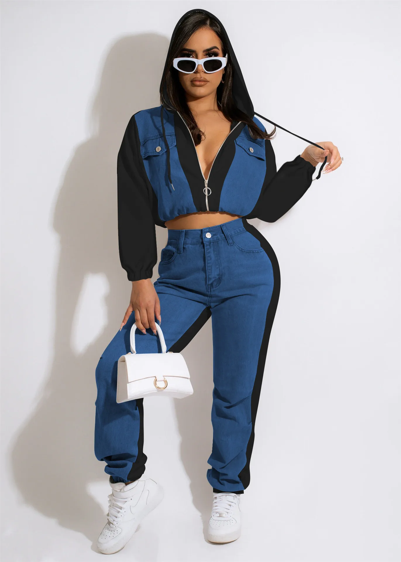 women s straight leg denim trousers boyfriend fashion printed jeans pantalon women hole ripped demin pants vaqueros mujer 2023 Streetwear Fashion Denim Stitching Two Piece Sets Womens Outifits Zipper Hooded Top + Casual Trousers Women's Matching Clothing