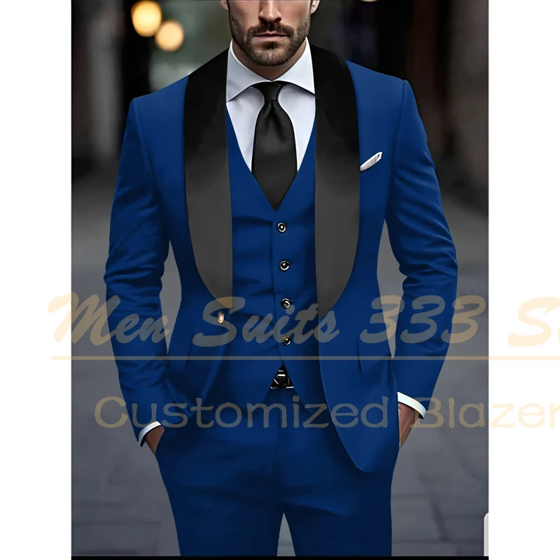 Green Men Suits Blazer Formal Black Shawl Lapel One Button Slim Fit Clothing 3 Piece Jacket Pants Vest