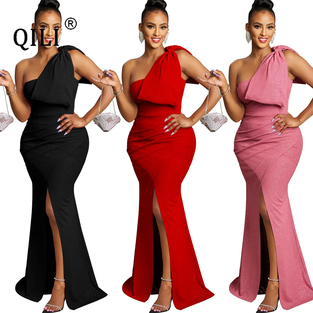 

QILI One Shoulder Long Dress Red Black Pink High Split Slim Waist Party Dresses Elegant Bow Sleeveless Backless Dress for Women