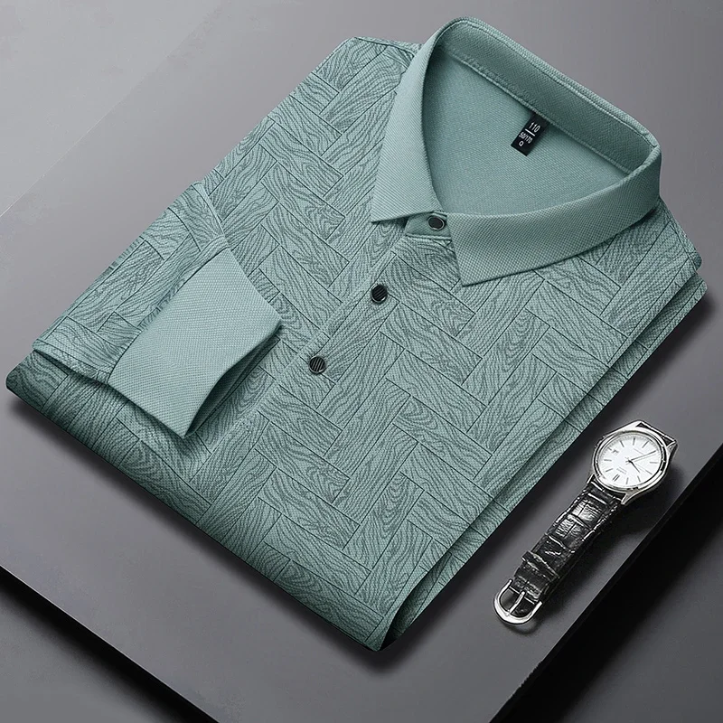 Polo Shirt Men Business Casual Long Sleeved Solid Color Top