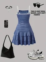 Robe décontractée pour filles, article tendance pour filles, robe à bretelles imprimée imitation jean avec bordure blanche + nœud, élégante et polyvalente, convient aux enfants de 5 à 13 ans, vêtement polyvalent pour la maison et les sorties 2