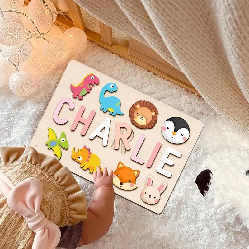 Name Puzzle Colorful Animal Wooden Puzzles Toys Personalized Baby Wooden Alphabet Puzzles Children Montessori Educational Toys chicago fort dearborn 1933 vintage postage stamp jigsaw puzzle personalized baby toy custom personalized baby object puzzle