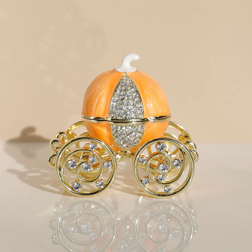 Pumpkin Carriage Jewelry Box - Rhinestone Decorated Metal Trinket Box With Enamel Details