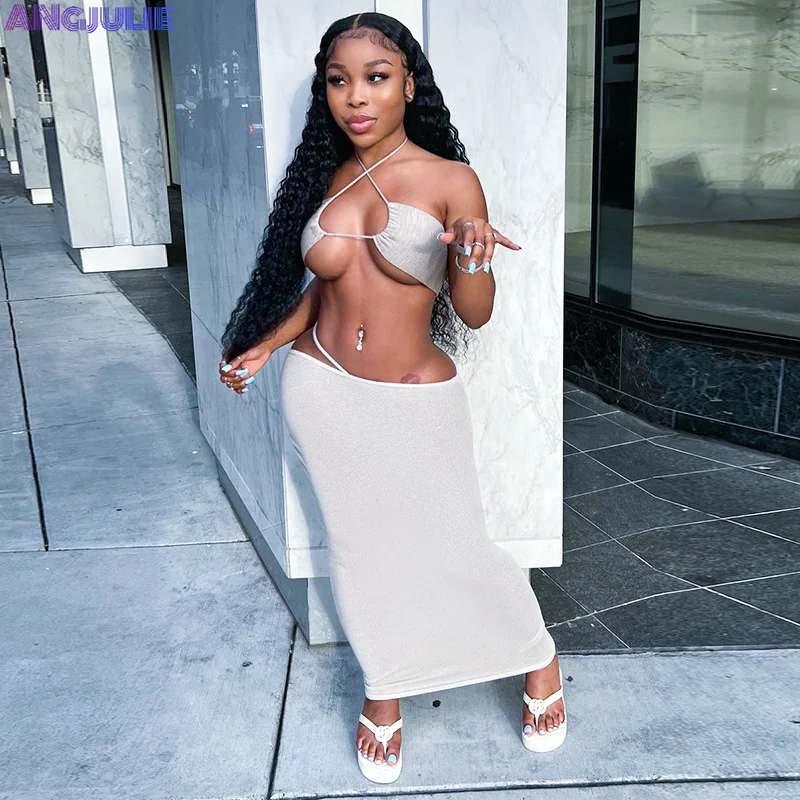 

Женский комплект из двух предметов Angjulie, Однотонная юбка и топ на шнуровке с вырезами и прямое платье, летний комплект из 2 предметов, 2023