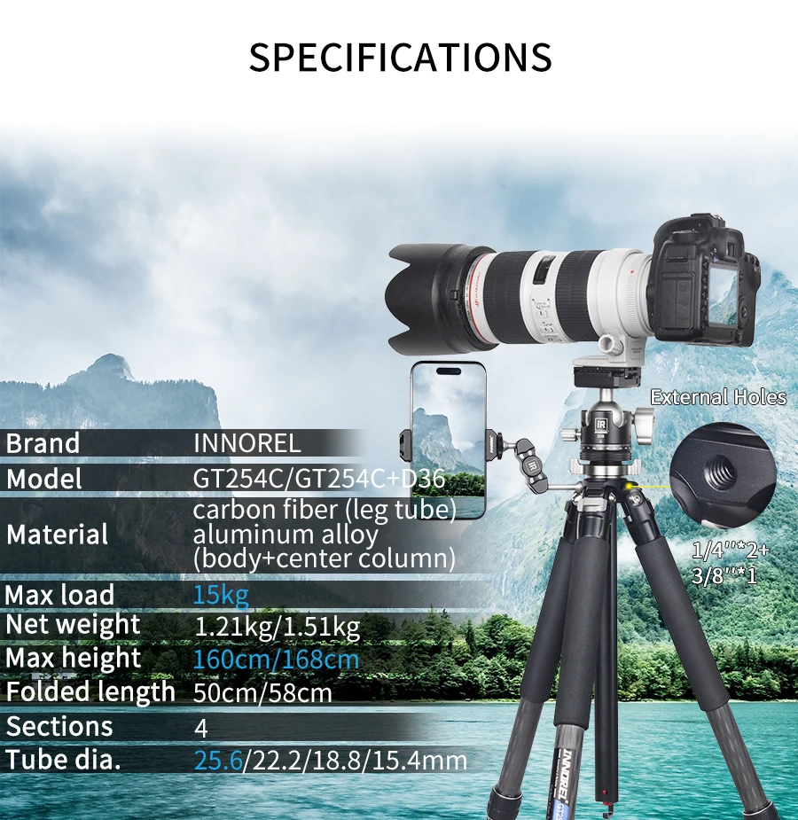 GT254C Carbon Fiber Tripod Camera Tripod Professional Compact Portable Stand wit