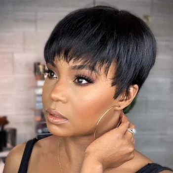 Parrucca corta con taglio pixie Capelli umani pronti da indossare Parrucche brasiliane per capelli umani per le donne Parrucche corte diritte a macchina completa di colore nero
