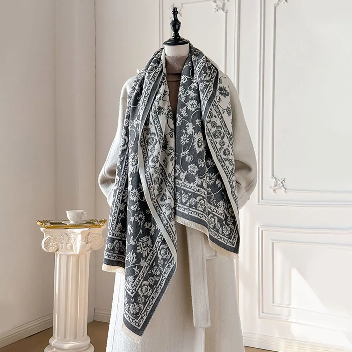 Thick Winter Poncho Women Scarf Luxury Floral Warm Shawl and Wrap Imitation Cashmere Pashmina Blacnket Design Bufanda Echarpe