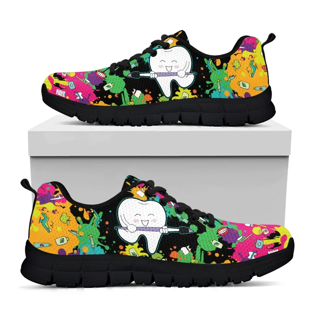 Dental Footwear Tie Dye Painted Mesh Shoes Cartoon Teeth Print Walking Sneakers Women's Outdoor Tennis Footwear