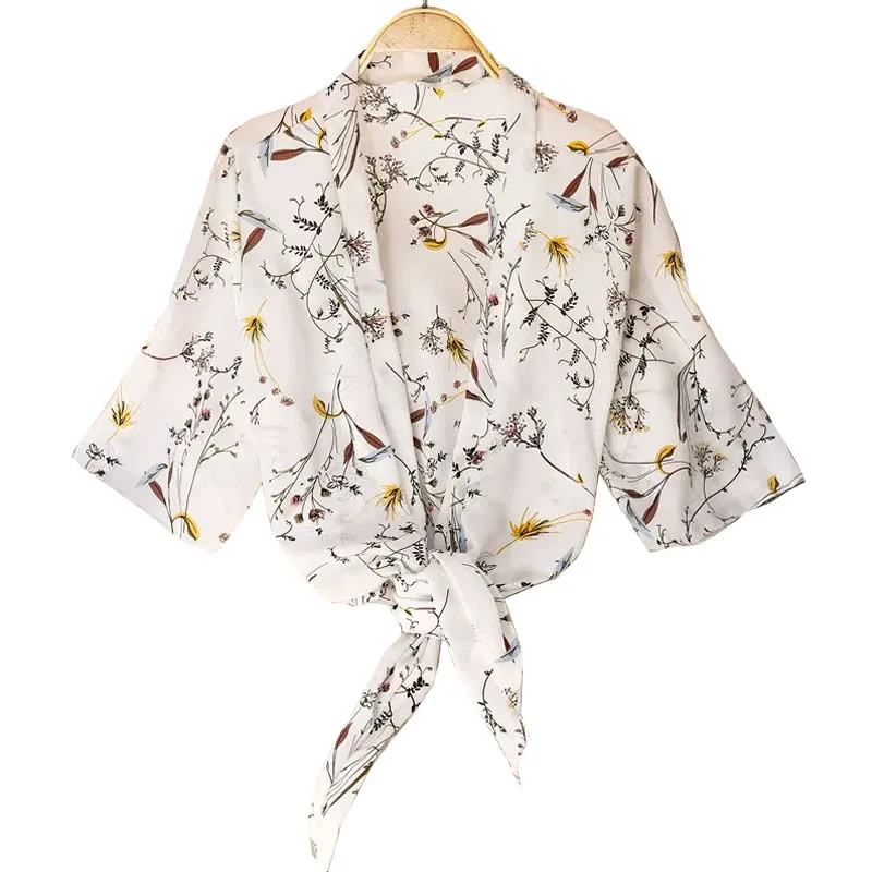 Summer Women Chiffon Blouse In Floral  2022 V Neck Tie Waist Blouse Cardogan Shirt Flare Sleeve Top Lace Beach Blouse Cover Up